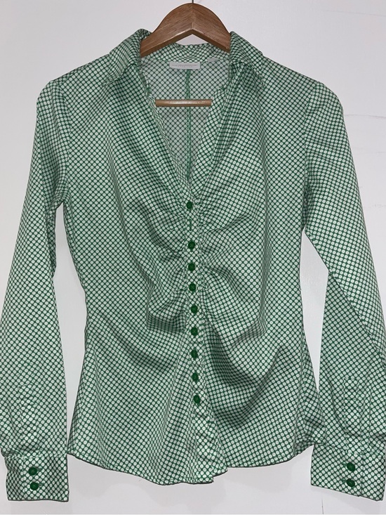 New York & Company Tops - Geometric Ruched Button-Front Shirt - Green & White